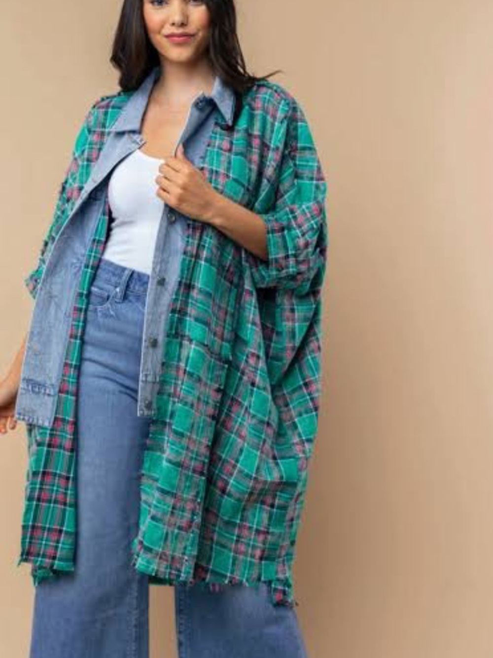 HYFVE LARGE oversized Plaid Button-Up Coat Jacket in Green and Red